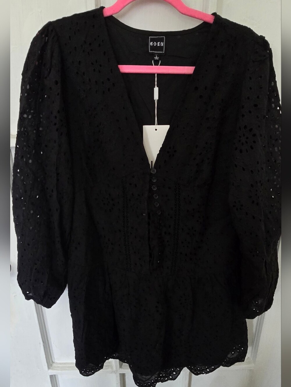 Eyelet Black V-Neck Button Front Dress